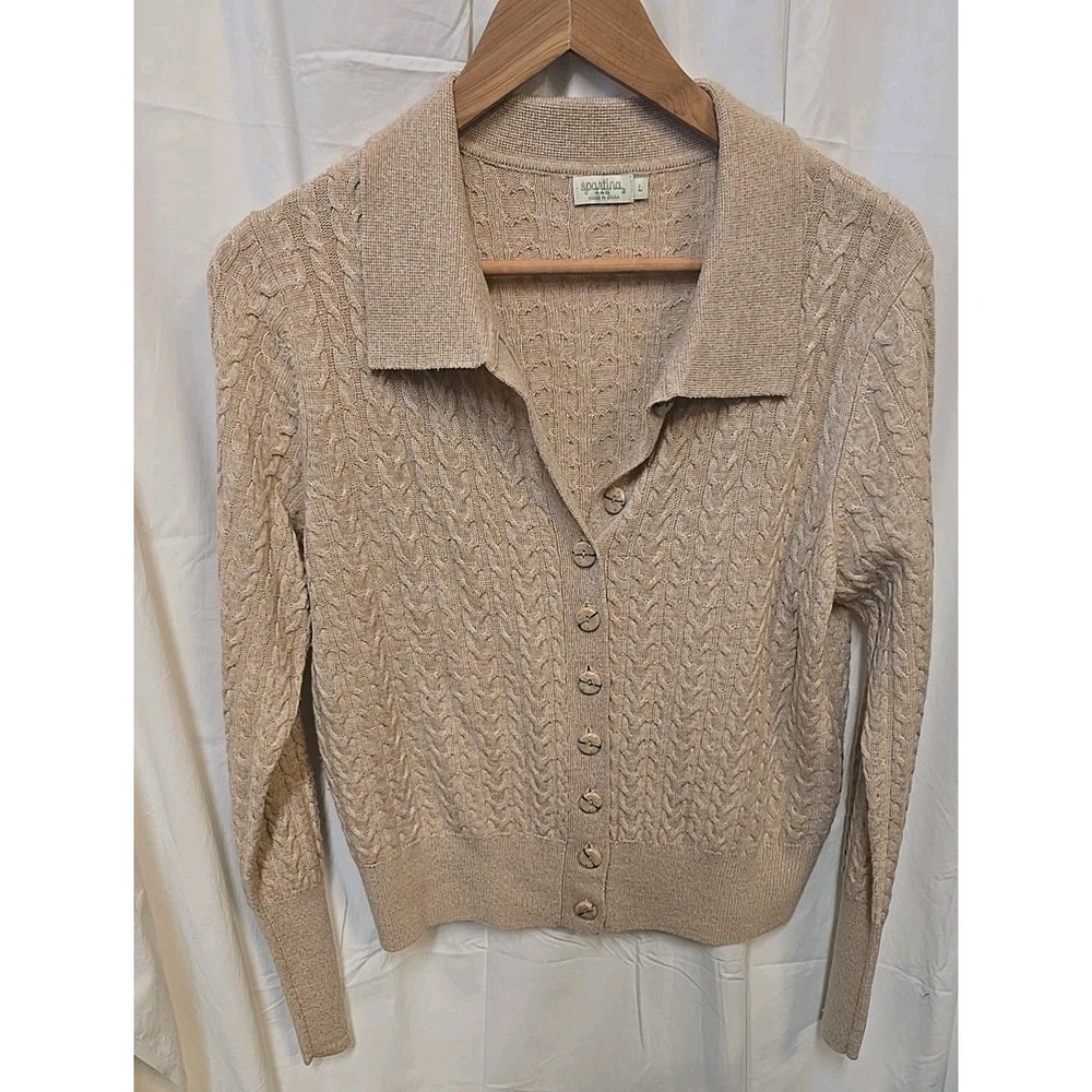 Spartina 449 Cable knit Oatmeal Sweater Cardigan L Cottagecore Quiet Luxury - Picture 2 of 7